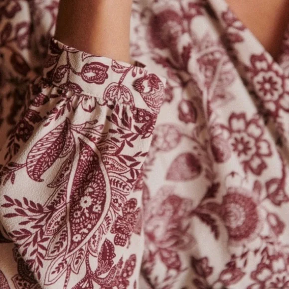 Sezane Abelia Blouse Ghalia Ecru Purple Wrap Top Size 32 French US 0 Long Sleeve - Picture 2 of 14